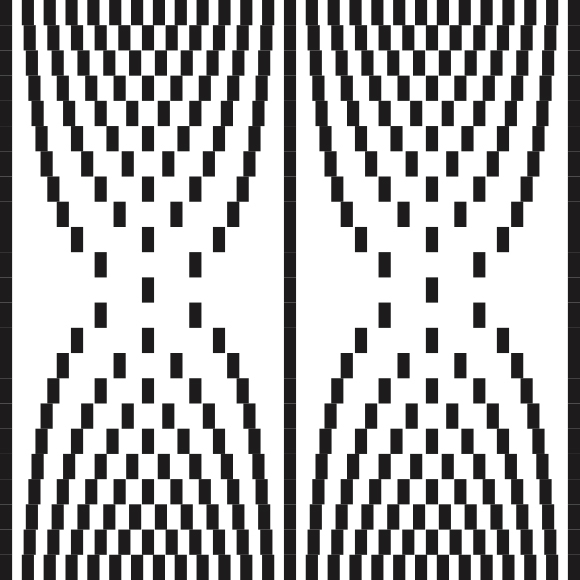 Black-and-white abstract pattern of small rectangular tiles forming two mirrored hourglass shapes on either side of a central vertical black stripe