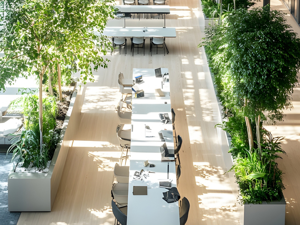 Modern Office Interior with Abundant Greenery and Natural Lighting
