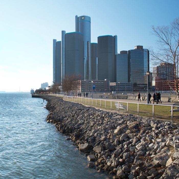 Detroit Riverwalk And Detroit River