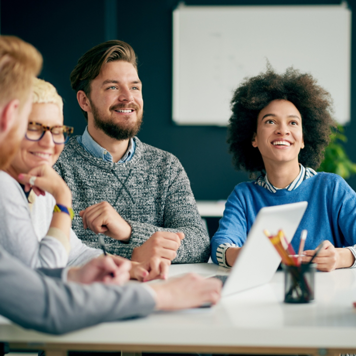 Multi ethnic team having presentation/ meeting in modern office