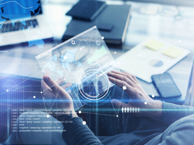 Man with futuristic digital tablet on a project