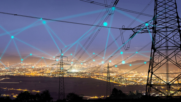 High power electricity poles in urban area connected to smart grid. Energy supply, distribution of energy, transmitting energy, energy transmission, high voltage supply concept photo.