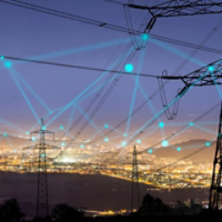 High power electricity poles in urban area connected to smart grid. Energy supply, distribution of energy, transmitting energy, energy transmission, high voltage supply concept photo.