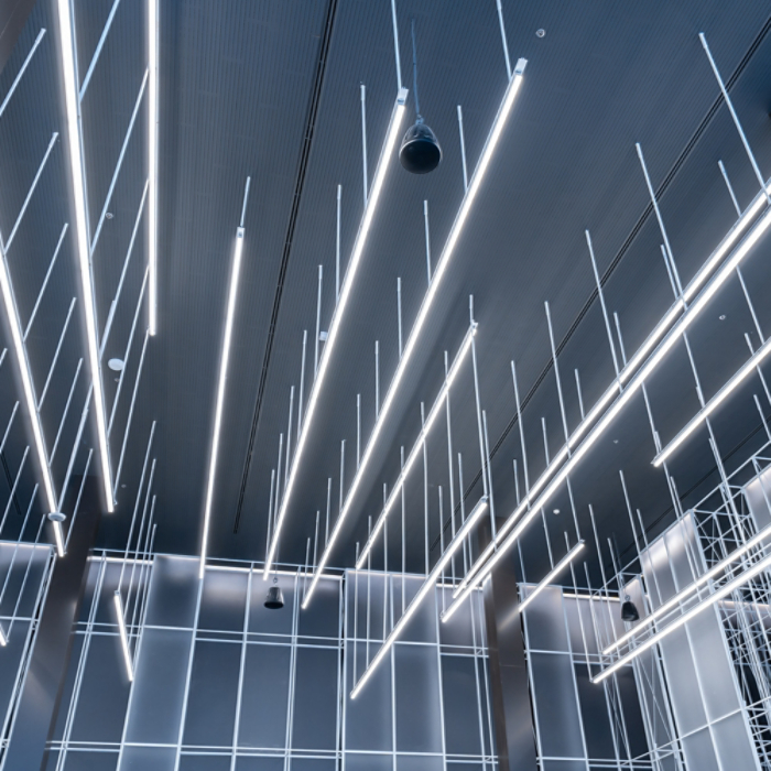 fluorescent ceiling lamp modern design in the co-working space business office, hanging light in large building