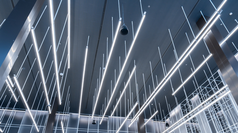 fluorescent ceiling lamp modern design in the co-working space business office, hanging light in large building