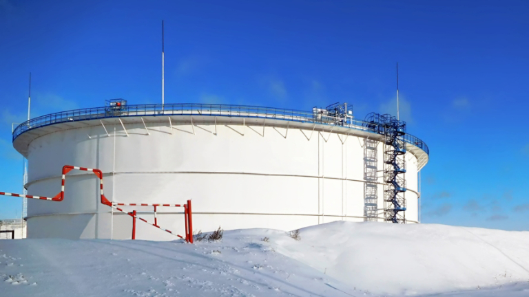 oil tank on refinery. winter industrial landscape
