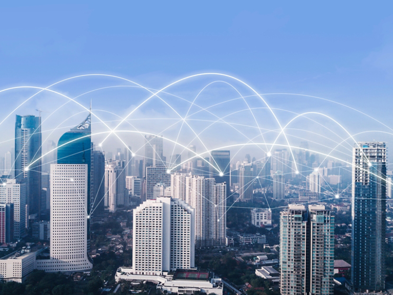 High buildings with network connection at morning