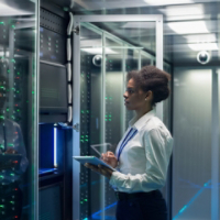 Medium shot of female technician working on a tablet in a data center full of rack servers running diagnostics and maintenance on the system