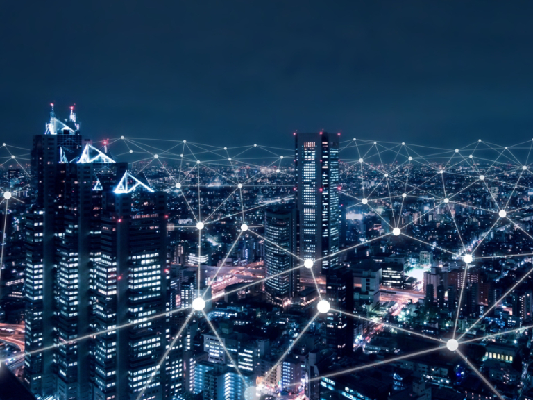 Telecommunication network above city, wireless mobile internet technology for smart grid or 5G LTE data connection, concept about IoT, global business, fintech, blockchain