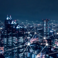 Telecommunication network above city, wireless mobile internet technology for smart grid or 5G LTE data connection, concept about IoT, global business, fintech, blockchain