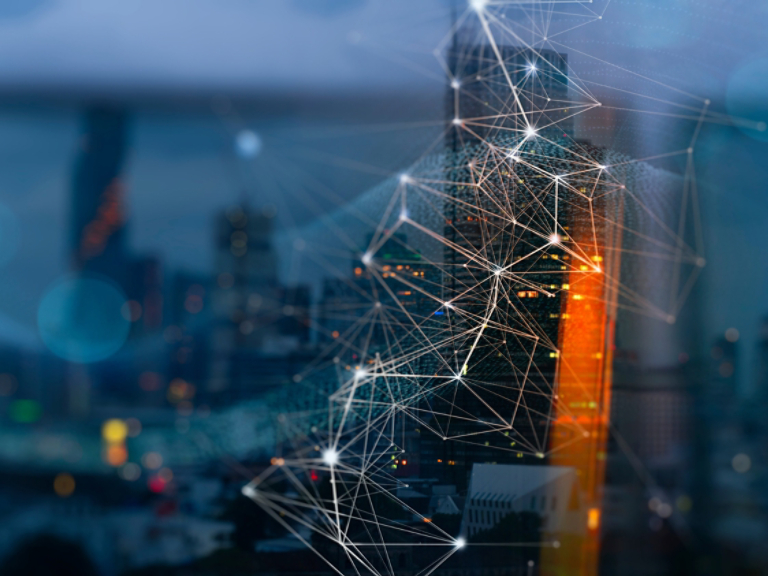 Wireless network and Connection technology concept with Abstract buildings and city background