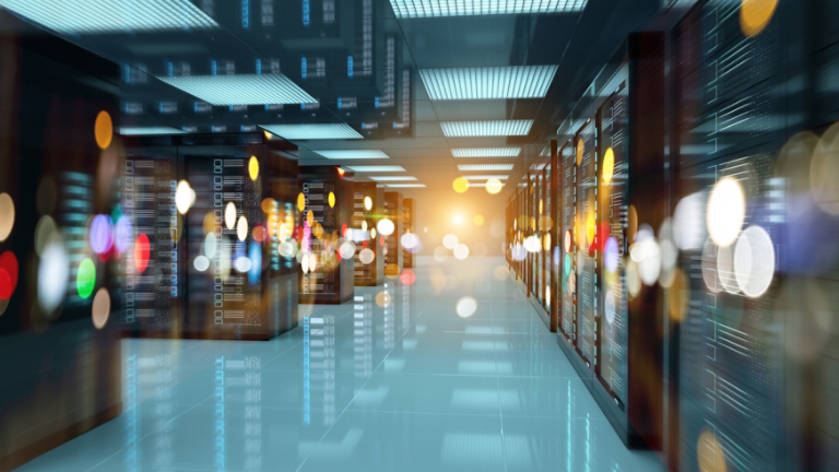 Servers data center room with bright bokeh light going through the corridor 3D rendering