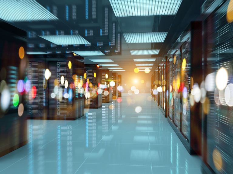 Servers data center room with bright bokeh light going through the corridor 3D rendering
