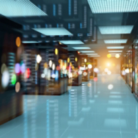 Servers data center room with bright bokeh light going through the corridor 3D rendering