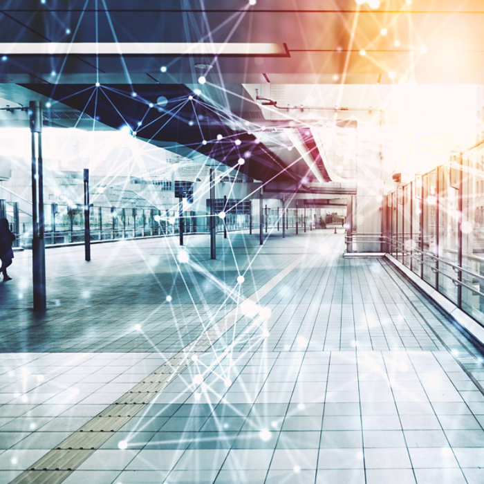 Concept of communication and technology. Modern architecture with light and network effects