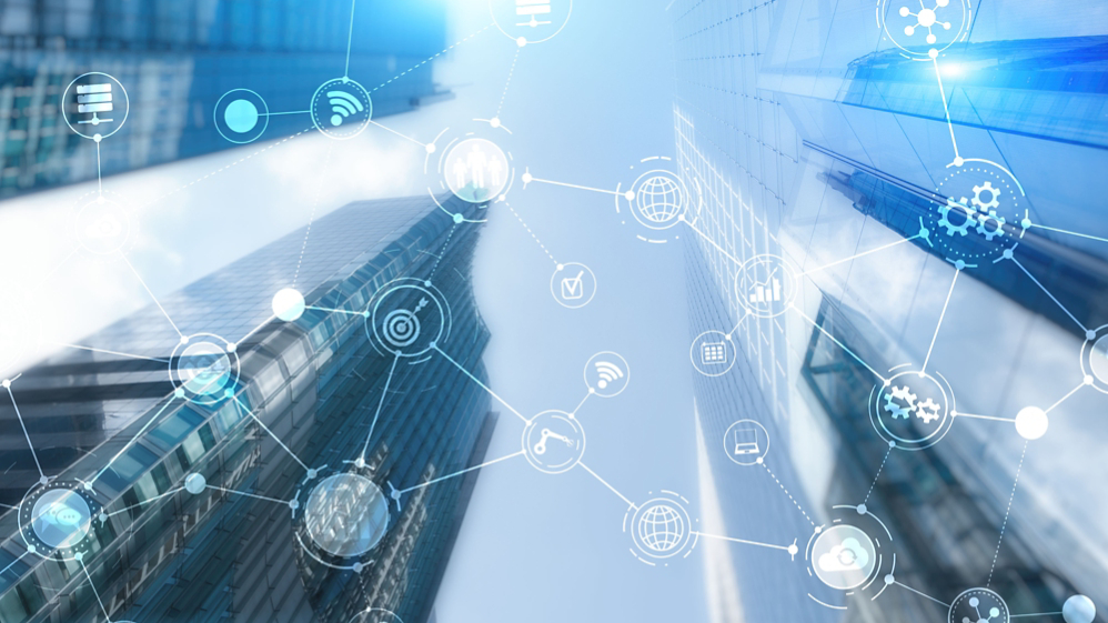 Smart City and Wireless Communication Network. Business District with office building. IOT modern technology concept.