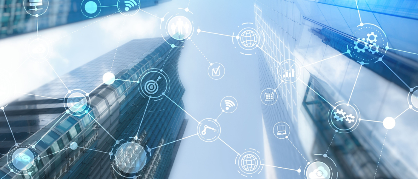 Smart City and Wireless Communication Network. Business District with office building. IOT modern technology concept.