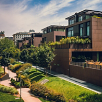 Modern residential buildings in the public green area. Real estate houses in Milan, Italy.