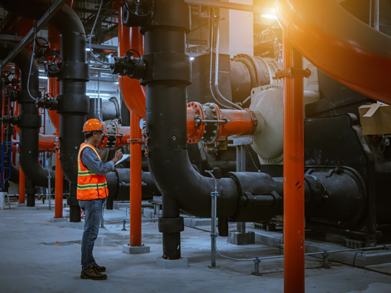 A engineer under checking the industry cooling tower air conditioner is water cooling tower air chiller HVAC of large industrial building to control air system.