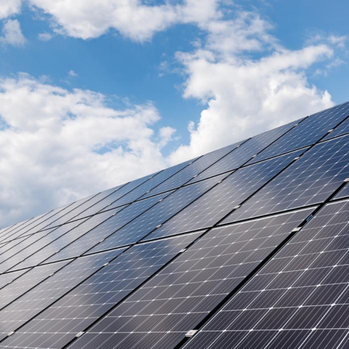 close-up view of solar panels on a background of blue sky