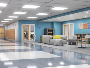 Long school corridor with orange lockers and rest zone, 3d illustration