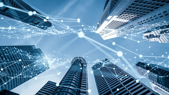 Imaginative visual smart digital city with globalization abstract graphic showing connection network