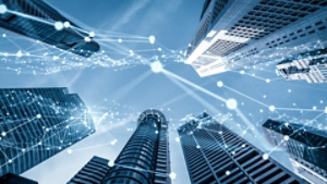 Imaginative visual smart digital city with globalization abstract graphic showing connection network