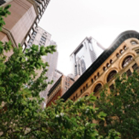 Low angle shot of high-rise buildings surrounded by greenery