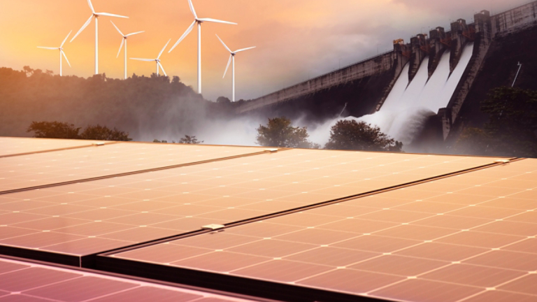 Electricity from solar panels, dams, and wind turbines. Environmentally-friendly renewable energy concept.