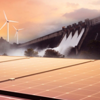 Electricity from solar panels, dams, and wind turbines. Environmentally-friendly renewable energy concept.