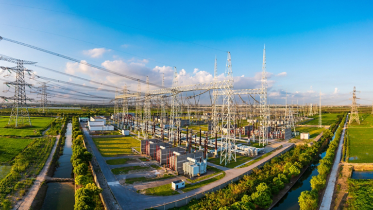 Aerial view of a high voltage substation.