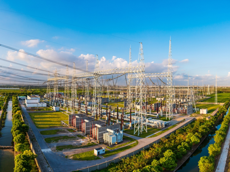 Aerial view of a high voltage substation.