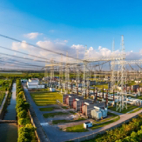 Aerial view of a high voltage substation.