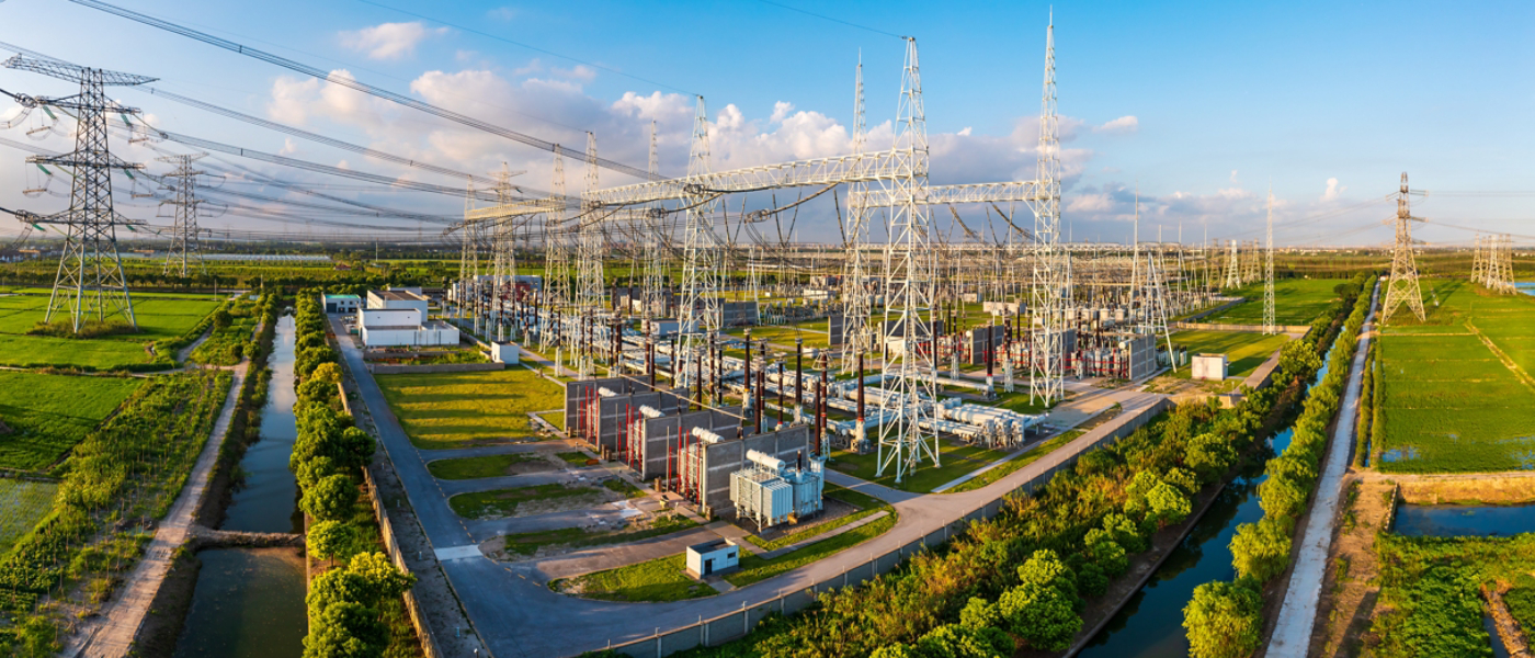 Aerial view of a high voltage substation.