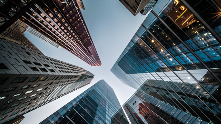 Business and Finance, Looking Up at Modern Skyscrapers in the Financial District