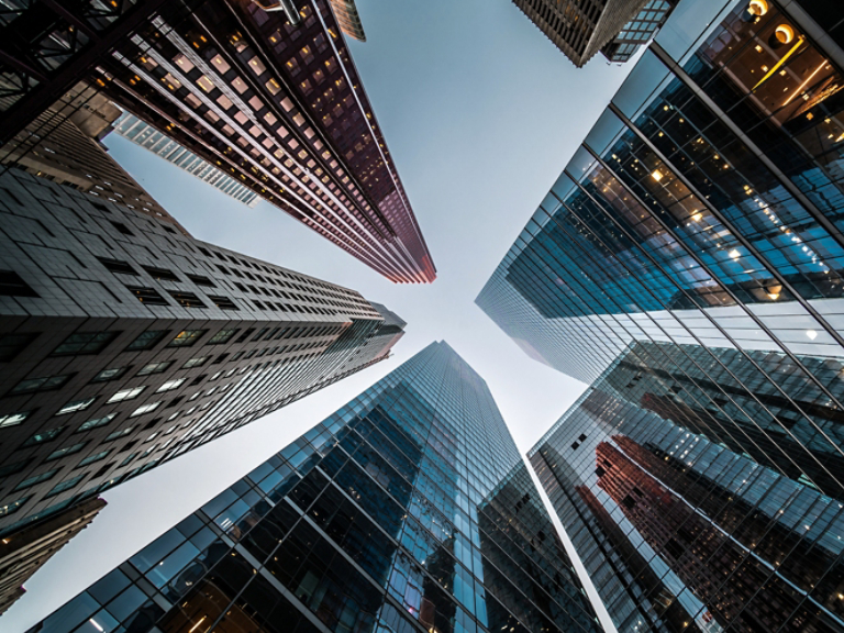 Business and Finance, Looking Up at Modern Skyscrapers in the Financial District