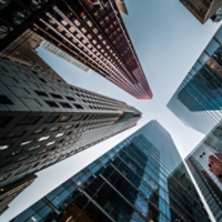 Business and Finance, Looking Up at Modern Skyscrapers in the Financial District