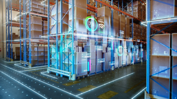 Futuristic Technology Retail Warehouse: Digitalization and Visualization of Industry 4.0 Process that Analyzes Goods, Cardboard Boxes, Products Delivery Infographics in Logistics, Distribution Center