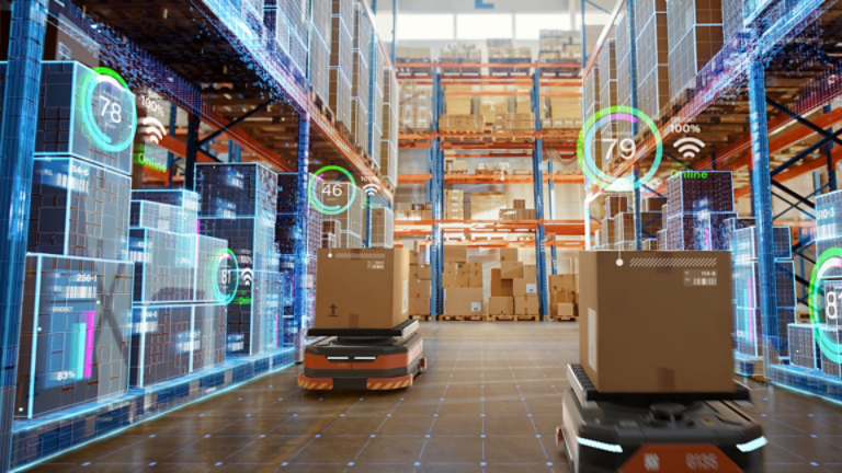 Future Technology 3D Concept: Automated Retail Warehouse AGV Robots with Infographics Delivering Cardboard Boxes in Distribution Logistics Center. Automated Guided Vehicles Goods, Products, Packages