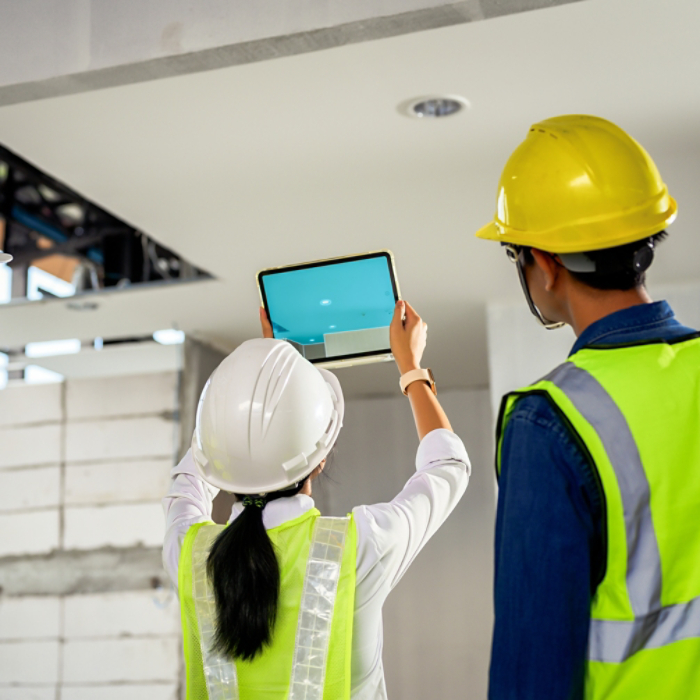 Construction Engineer team uses technology software through tablets to scan building construction and inspection to show augmented reality in work, Building information model, BIM concept