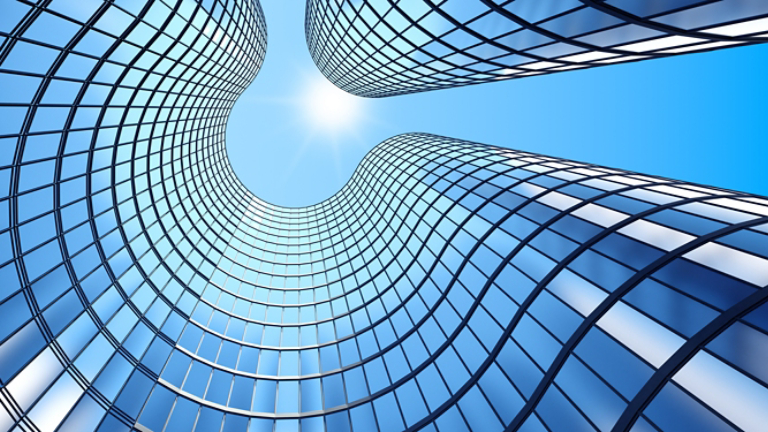 3d render of morning view to perspective glass building