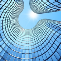 3d render of morning view to perspective glass building