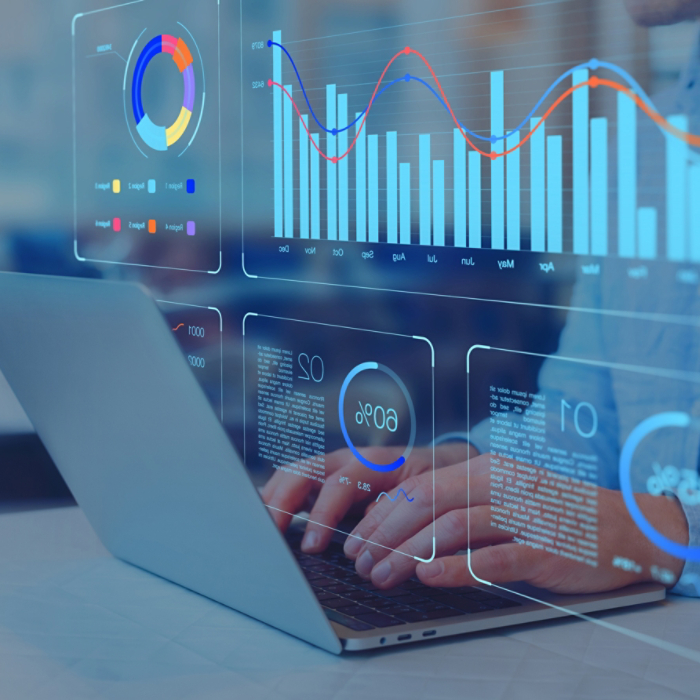 Analyst working on business analytics dashboard with KPI, charts and metrics to analyze data and create insight reports for executives and strategical decisions. Operations and performance management.