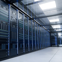 Corridor with Server Racks and Cabinets inside Large Data Center. Advanced Cloud Computing Concept and Machine Learning Concept.