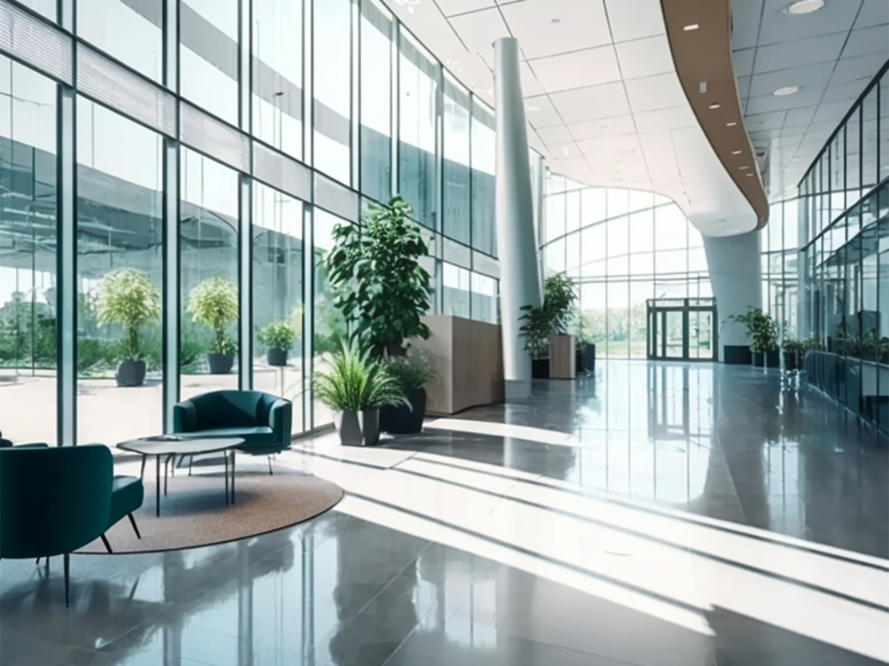 a beautiful office building lobby with sleek modern design and large windows , a beautiful office building lobby with sleek modern design and large windows shallow depth of field to emphasize