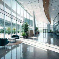 a beautiful office building lobby with sleek modern design and large windows , a beautiful office building lobby with sleek modern design and large windows shallow depth of field to emphasize
