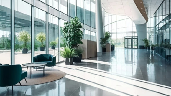 a beautiful office building lobby with sleek modern design and large windows , a beautiful office building lobby with sleek modern design and large windows shallow depth of field to emphasize