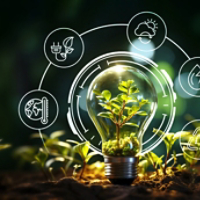 Natural Climate Solutions Concept: Taking Action to Combat Greenhouse Gas Emissions and Enhance Carbon Storage in Forests Sustainable energy with bulb and icons.