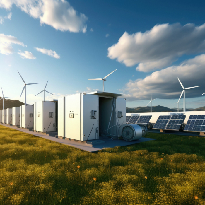 Conceptual image of a modern battery energy storage system with wind turbines and solar