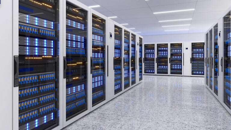 Shot of Data Center With Multiple Rows of Fully Operational Server Racks. Modern Telecommunications,Data center cooling,server room,3d rendering